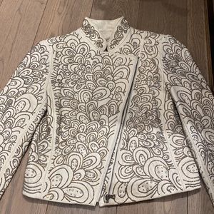 Alice and Olivia Jace embellished Moto white leather jacket